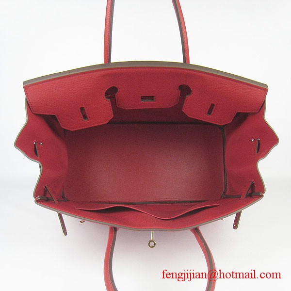 Hermes 35cm Embossed Veins Leather Bag Red 6089 Gold Hardware